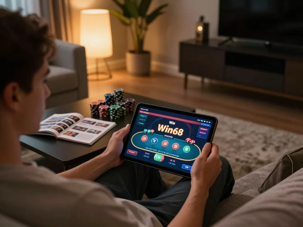 Player engaged in win68 online poker game with cozy atmosphere and strategic focus