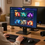 The player engages with tg88's online casino interface on a stylish home office setup, highlighting modern gaming.