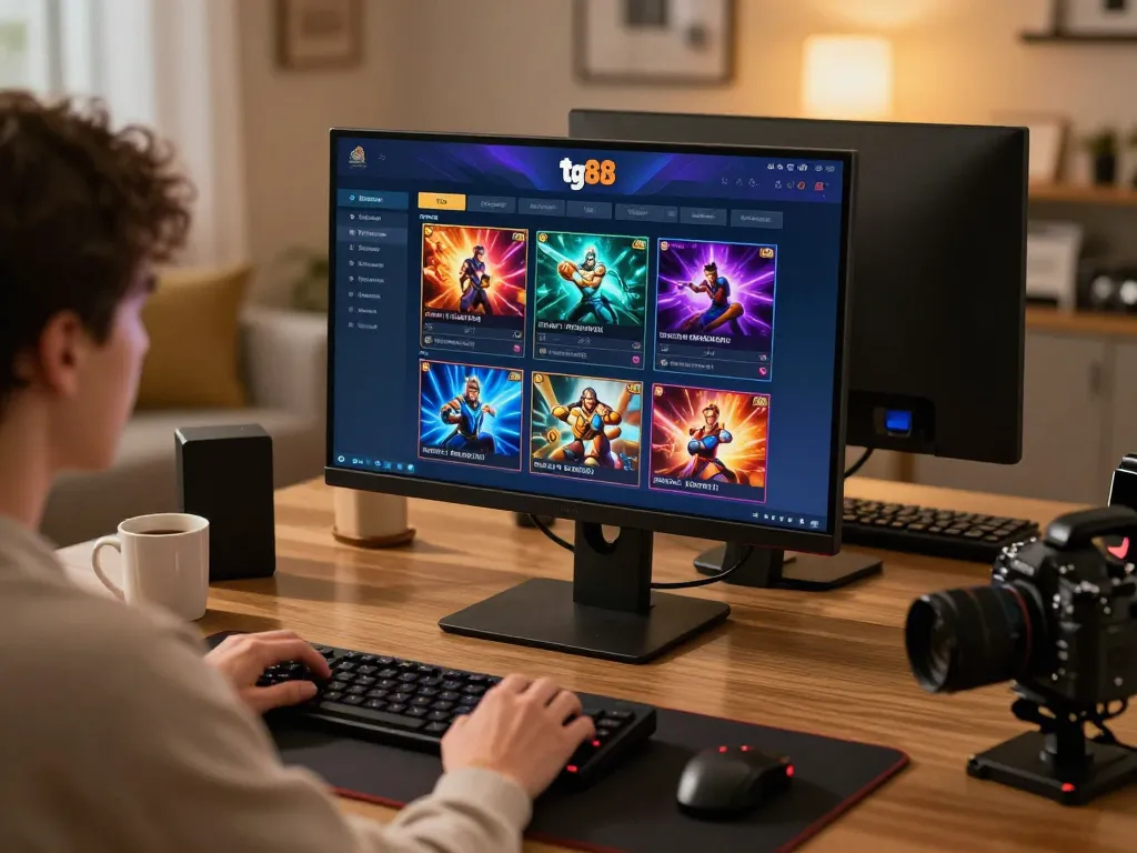 The player engages with tg88's online casino interface on a stylish home office setup, highlighting modern gaming.