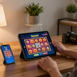 Engaging with the Bomwin app on a tablet, featuring vibrant slot game graphics in a cozy home setting.