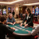 Engaged players enjoying blackjack at bu88 casino table with dealer in action.