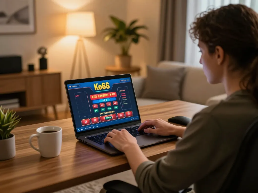 Engaging in online gaming at Ko66, user actively placing bets at a cozy home setup.