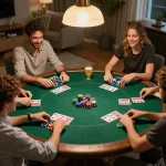 Players enjoying a friendly poker night with 1gom, surrounded by chips and cards in a warm home setting.
