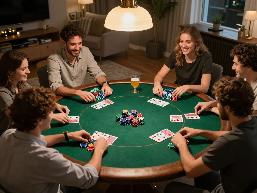 Players enjoying a friendly poker night with 1gom, surrounded by chips and cards in a warm home setting.