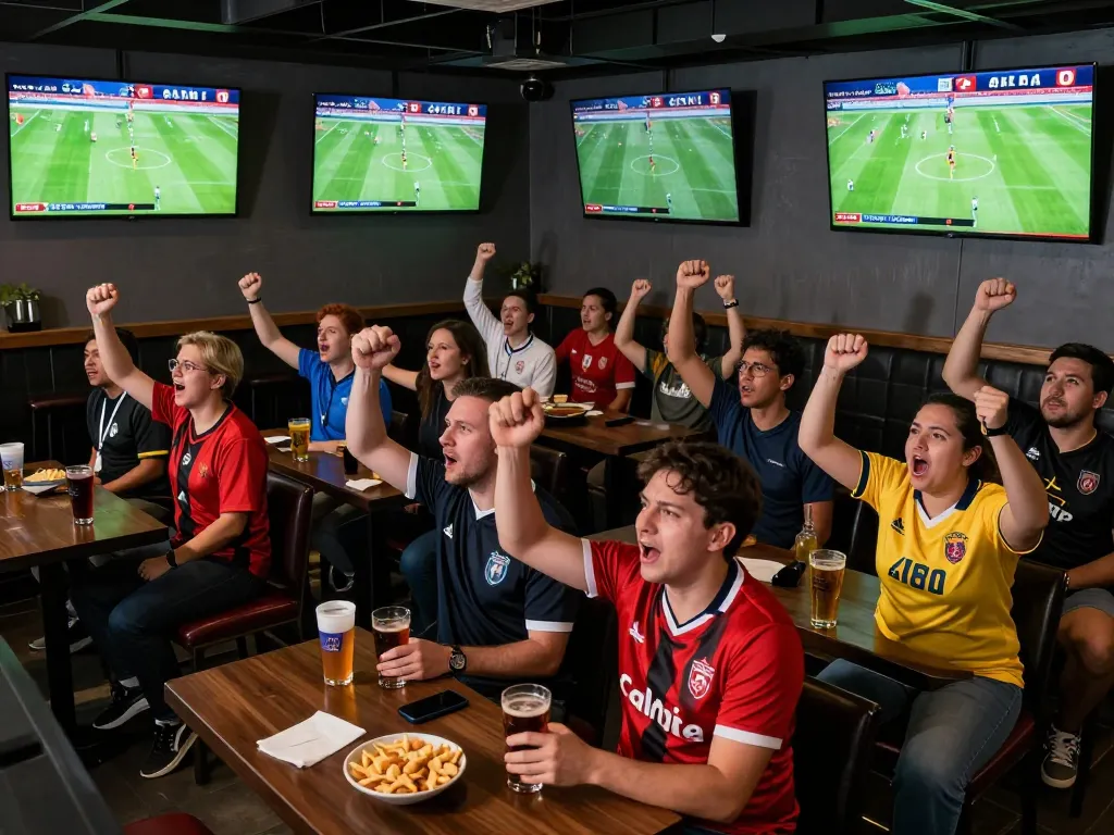 Cakhia TV live football match at a vibrant sports bar with fans celebrating, creating a dynamic watch experience.