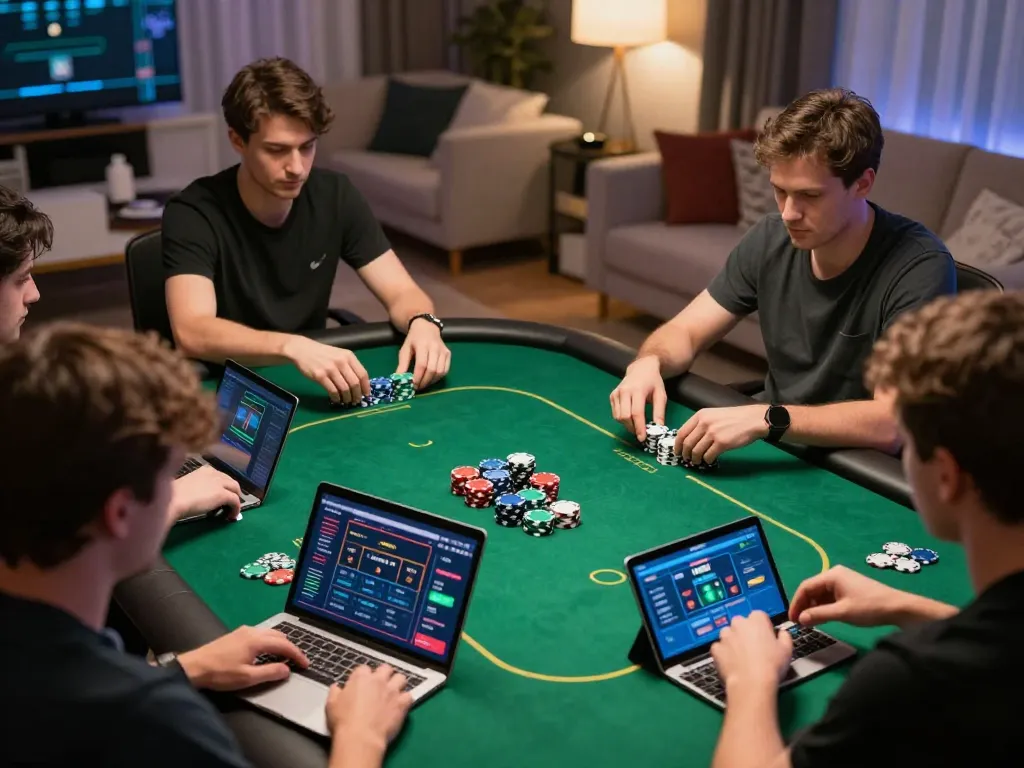 KONG88 players strategizing in an online poker game with vibrant atmosphere