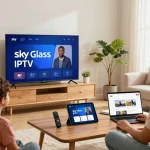 Easy setup of Sky Glass IPTV installation Guide with a family enjoying their Smart TV in a cozy living room.
