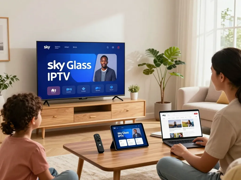 Easy setup of Sky Glass IPTV installation Guide with a family enjoying their Smart TV in a cozy living room.