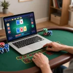 Player engaged in online blackjack at home using the dacsandatphanrang platform, focused on bet decisions.