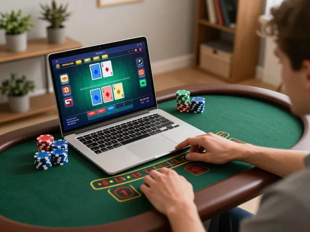 Player engaged in online blackjack at home using the dacsandatphanrang platform, focused on bet decisions.