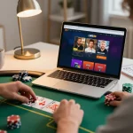Player engaging with LODE88 poker game on a laptop, showcasing a vibrant online gambling environment