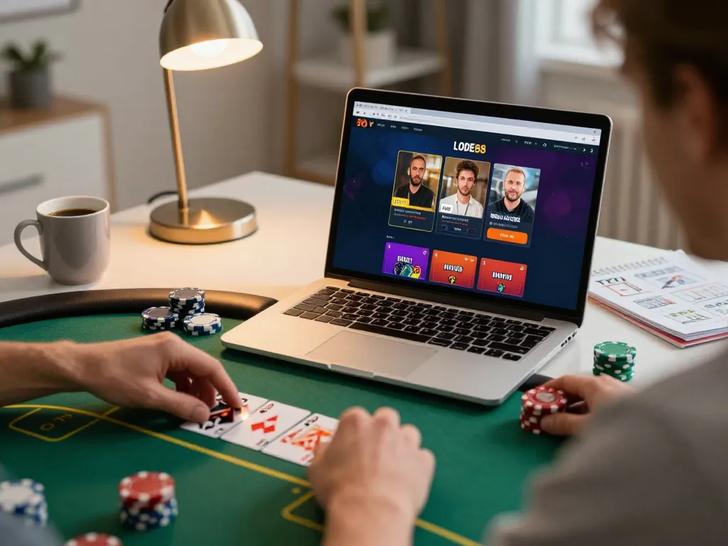 Player engaging with LODE88 poker game on a laptop, showcasing a vibrant online gambling environment
