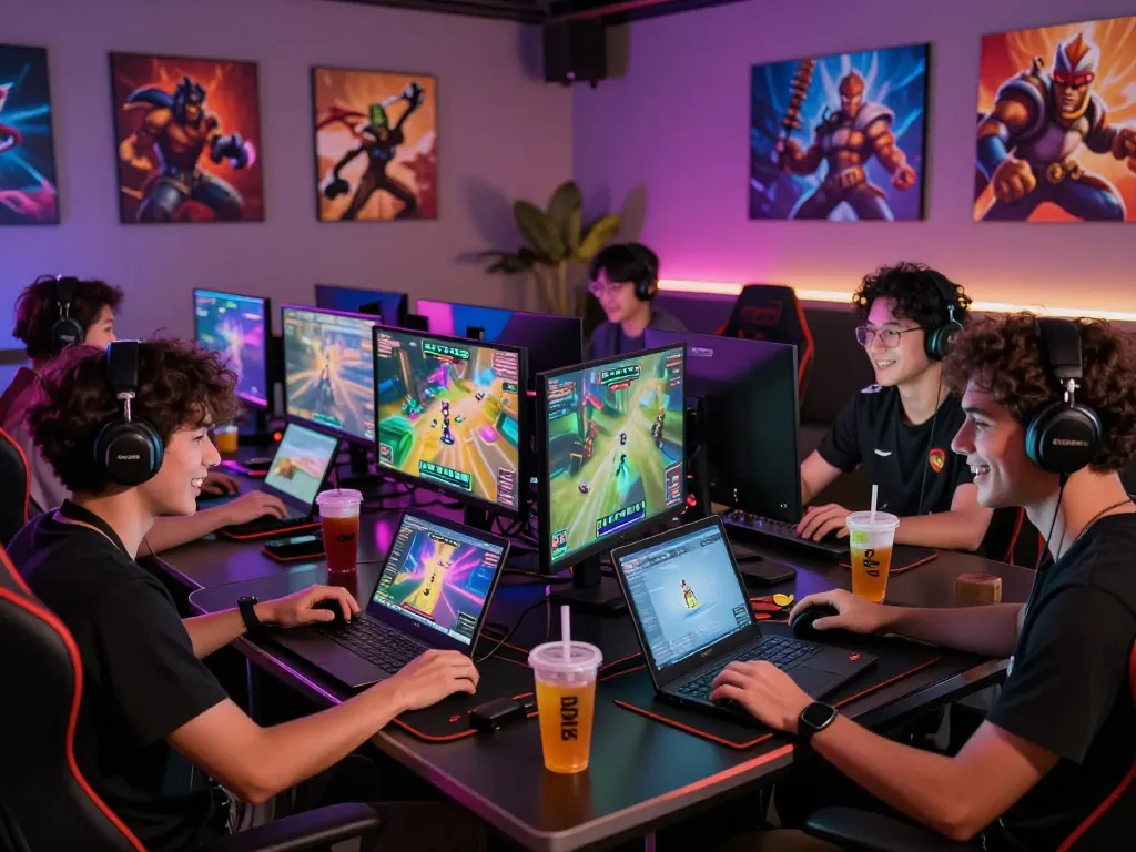 Exciting online gaming scene at 789club showcasing diverse players in a vibrant lounge.