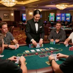 Players engaged at a blackjack table in a luxurious casino showcasing the thrills of GA88 gameplay.