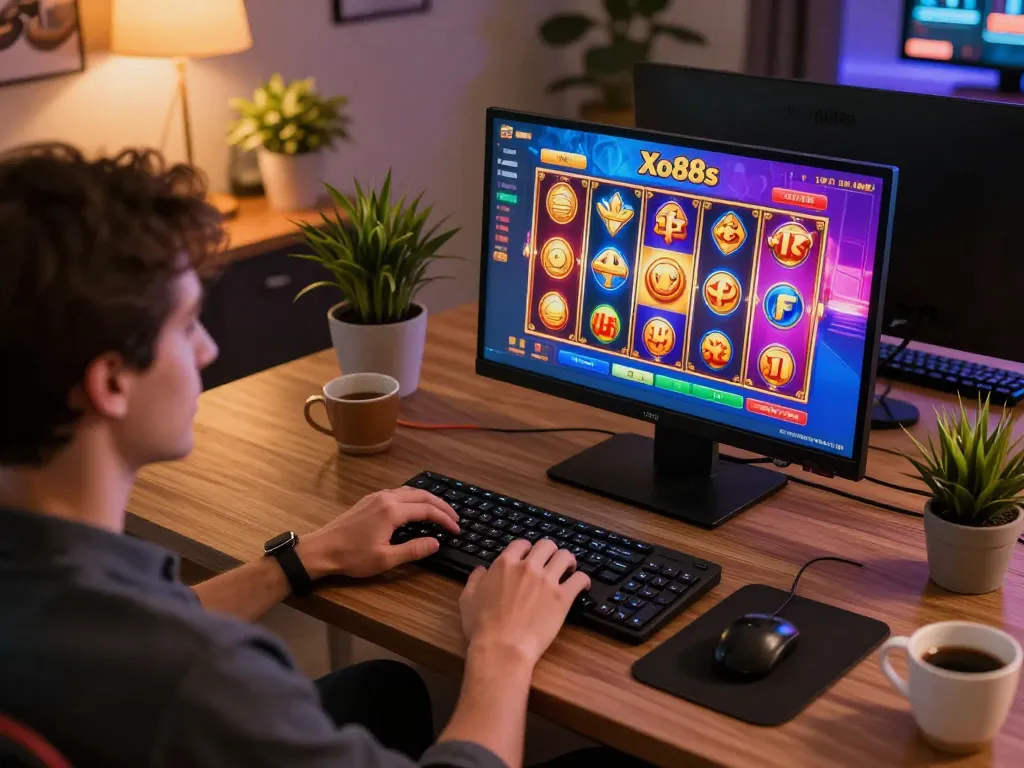 Engaged player enjoying online slots at Xo88s in a cozy gaming setup