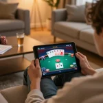 Playing poker on a tablet at home, engaging in lucky88s gaming strategies with a cozy atmosphere.