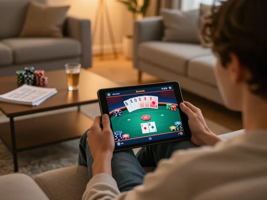 Playing poker on a tablet at home, engaging in lucky88s gaming strategies with a cozy atmosphere.