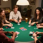 79win poker game in a cozy home setting with friends enjoying chips and cards