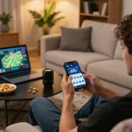 Engaging home gaming scene showing a person playing tải hitclub mobile casino on smartphone