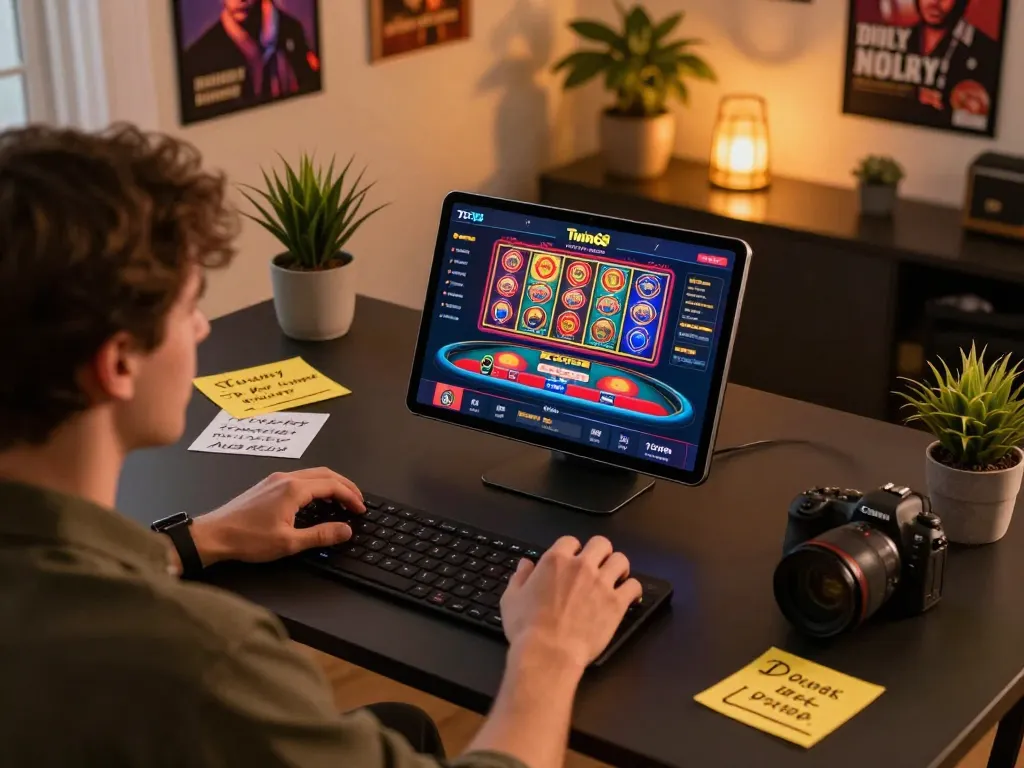 Participating in exciting gameplay on Twin68 app from a cozy home setup with vibrant slots.