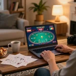 Kuwin online gaming setup with a person engaged in poker, cozy atmosphere with strategy notes.