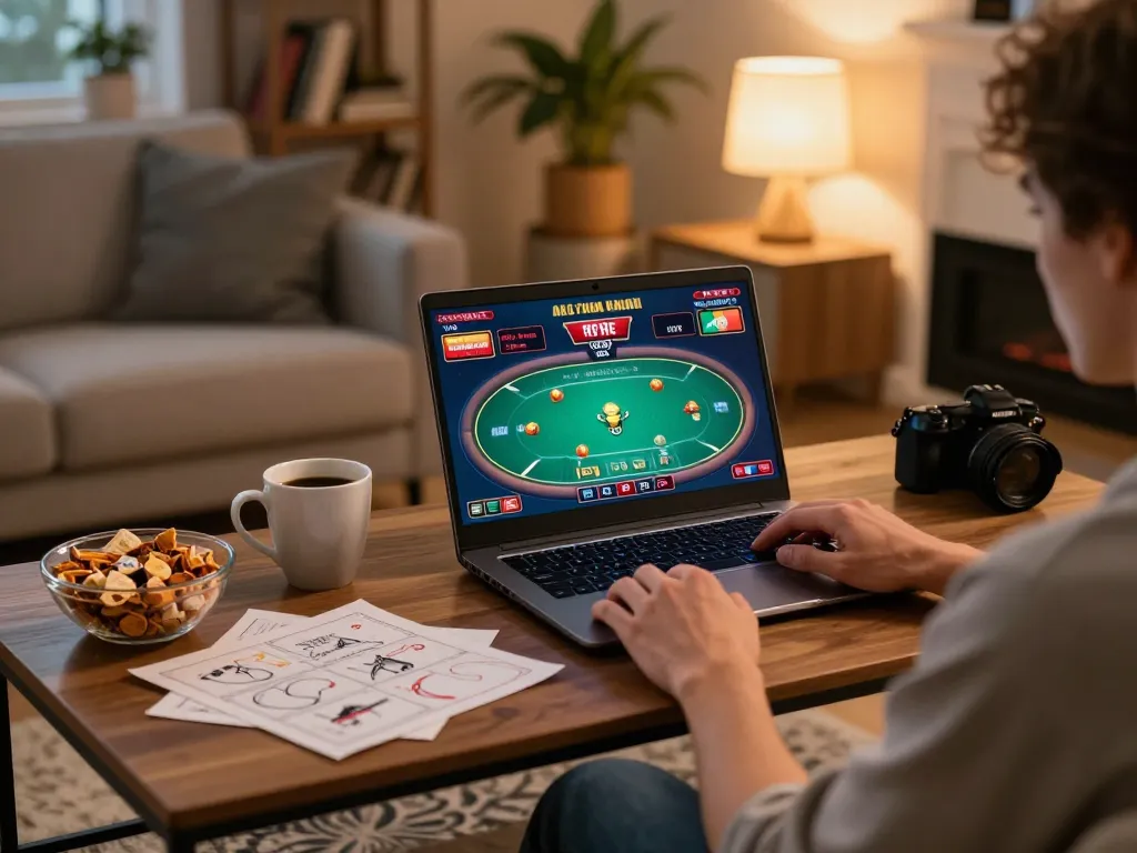 Kuwin online gaming setup with a person engaged in poker, cozy atmosphere with strategy notes.