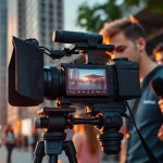 Engaging video production scene with a videographer capturing vibrant moments of city life.