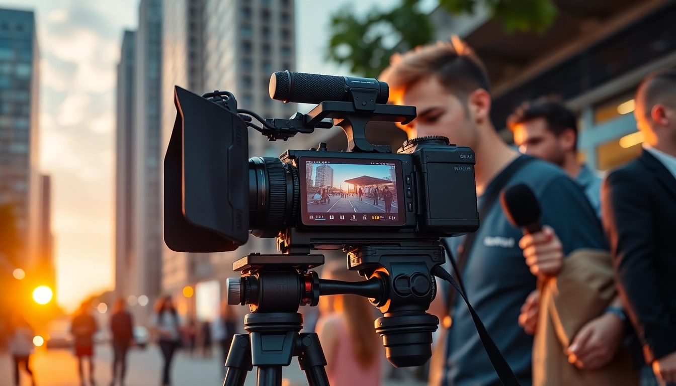 Engaging video production scene with a videographer capturing vibrant moments of city life.
