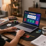 Player engaging in live blackjack on a laptop for KWIN casino, showcasing vivid gameplay and strategic notes