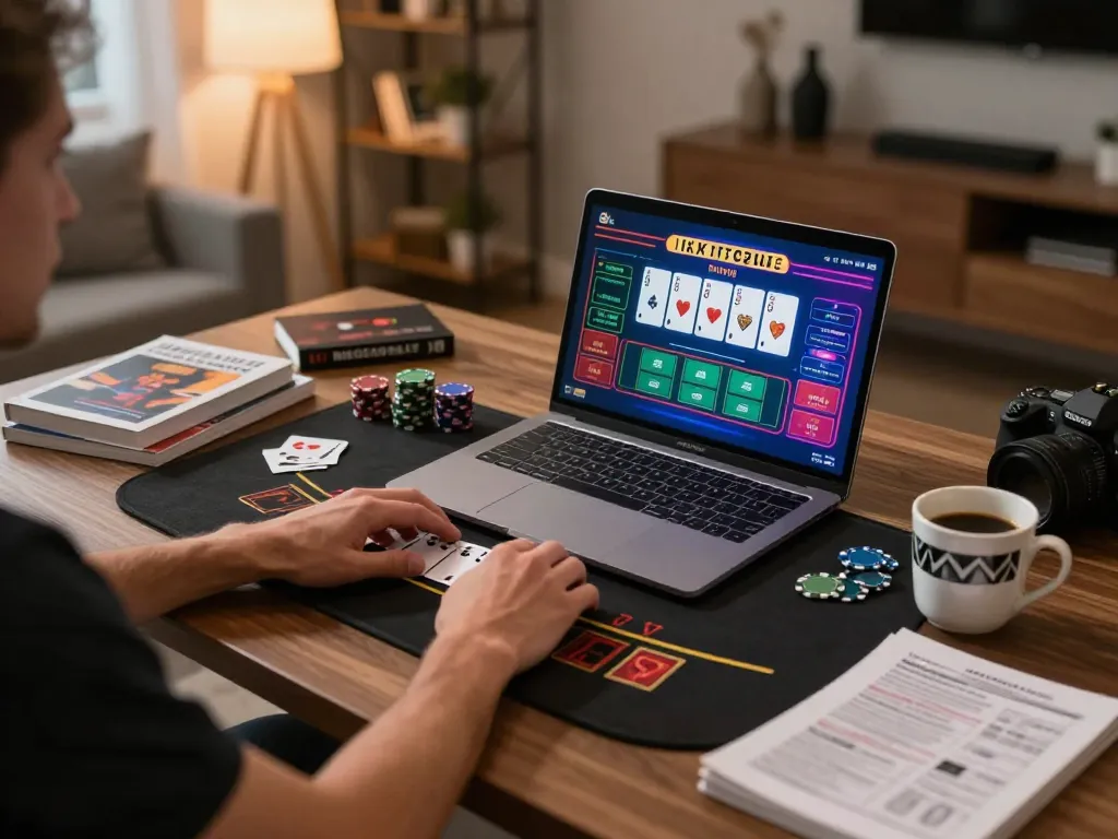 Player engaging in live blackjack on a laptop for KWIN casino, showcasing vivid gameplay and strategic notes