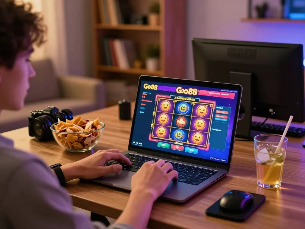 Enjoying casino games on Go88 with vibrant online gaming setup and cozy atmosphere