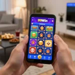 Player engaging with 99Win mobile app in a stylish living room, showcasing online casino experience.