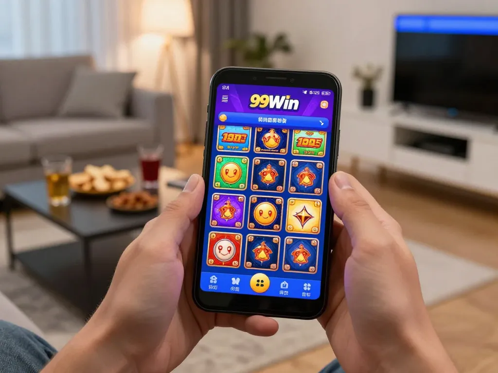 Player engaging with 99Win mobile app in a stylish living room, showcasing online casino experience.