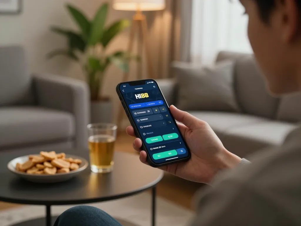Mobile sports betting experience with HI88 app in a cozy home setting