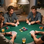 Players enjoy a friendly poker night at home, showcasing strategic gameplay while engaging with 98win’s exciting casino offerings.