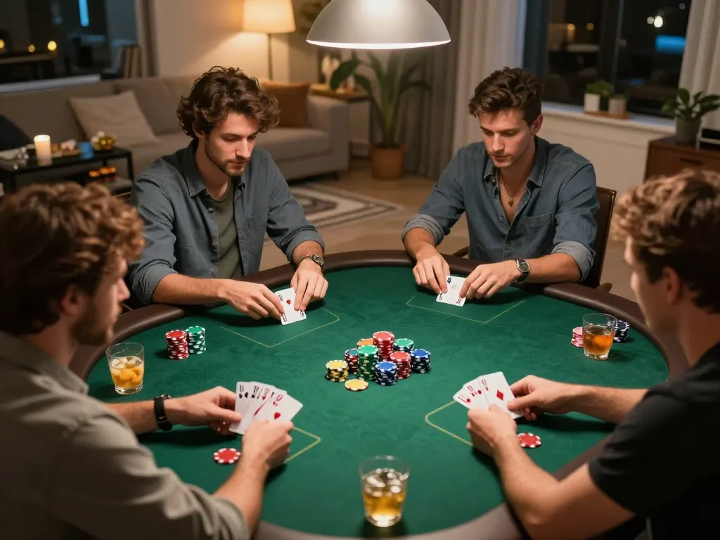 Players enjoy a friendly poker night at home, showcasing strategic gameplay while engaging with 98win’s exciting casino offerings.