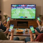 Friends engaging in sports betting excitement on their smartphones at home with ga6789.
