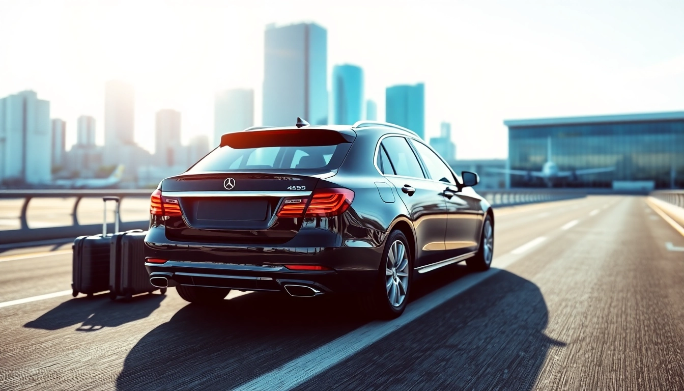 Airport Transfers vehicle driving towards the airport, showcasing comfort and reliability.