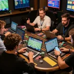 Engaged bettors using ga6789 for sports betting strategies at a lively event.