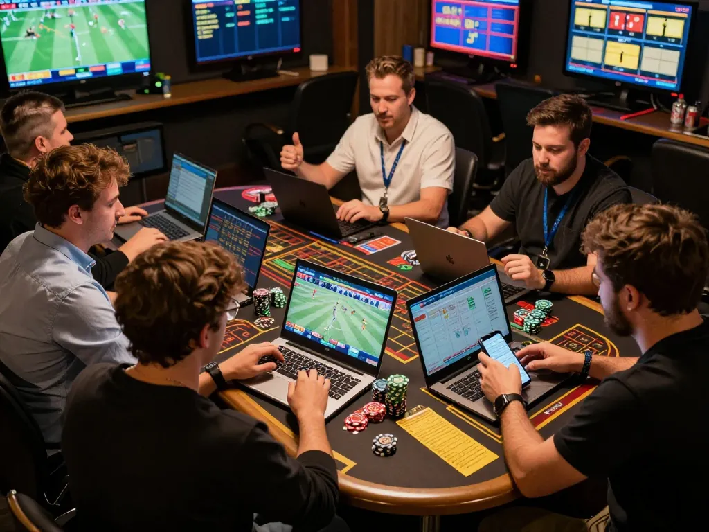 Engaged bettors using ga6789 for sports betting strategies at a lively event.