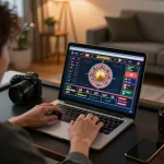 Person engaging with Jun88's live dealer games on laptop, capturing the excitement of online casino gaming