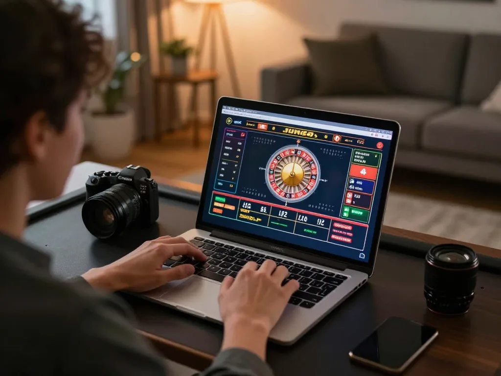 Person engaging with Jun88's live dealer games on laptop, capturing the excitement of online casino gaming