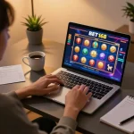 Enjoying a thrilling BET 168 online casino experience with vibrant games on a laptop at home.