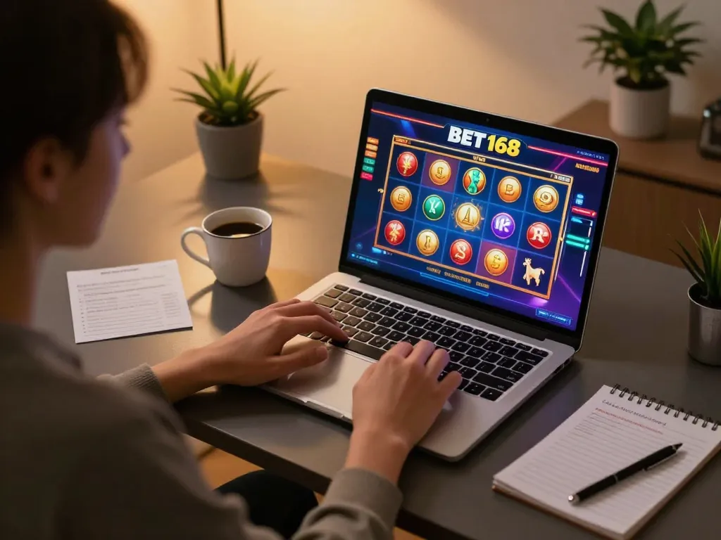 Enjoying a thrilling BET 168 online casino experience with vibrant games on a laptop at home.