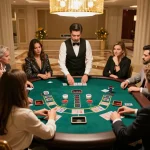 A thrilling moment at an xo88 baccarat table, dealer distributing cards in a vibrant casino atmosphere