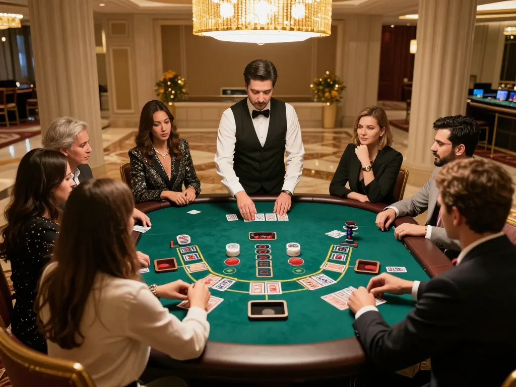 A thrilling moment at an xo88 baccarat table, dealer distributing cards in a vibrant casino atmosphere