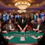 Players engaged in a thrilling blackjack game at five88 casino, showcasing strategic gameplay in a luxurious environment.