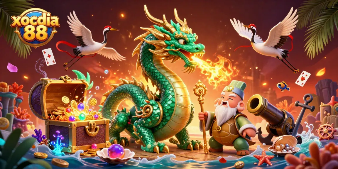 xocdia 88 showcases a vibrant casino fantasy featuring a jade dragon and a wise turtle sage amidst treasure and glowing cards, emphasizing excitement.