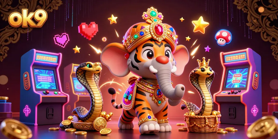 Experience thrilling games at ok9 with a majestic maharaja and glowing arcade machines in a stunning casino scene.