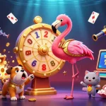 Engage with Nhà cái dv88's thrilling experience featuring a vibrant casino scene with game show elements and dynamic prizes.